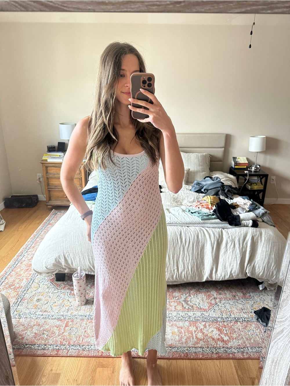 Colorblock Pastel Knit Maxi Dress in Blue, Pink & Green
